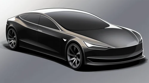Tesla Model S Concept Car: Monochrome Illustration with Traditional Techniques