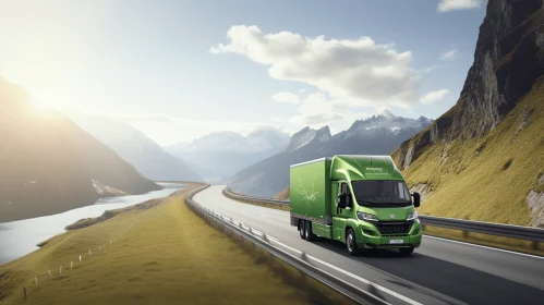 Green Truck on Road with Majestic Mountains | Danish Golden Age Inspired