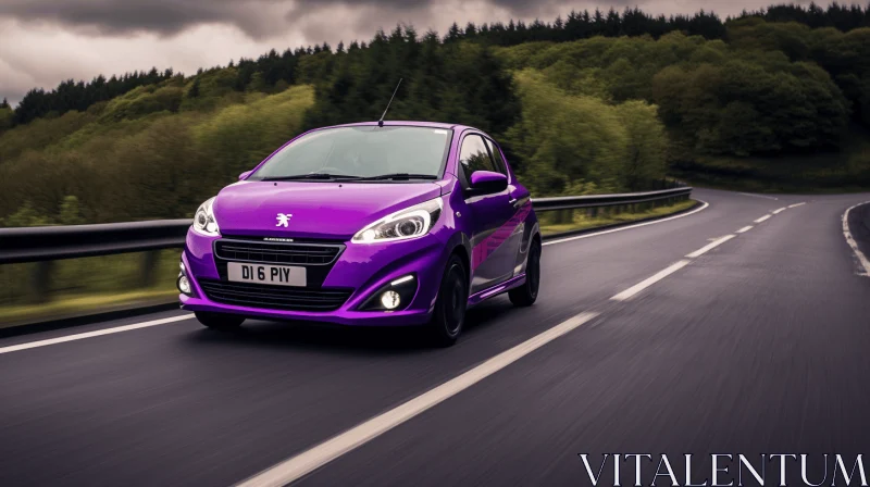 Purple Car Driving on a Small Country Road | Traditional-Modern Fusion AI Image
