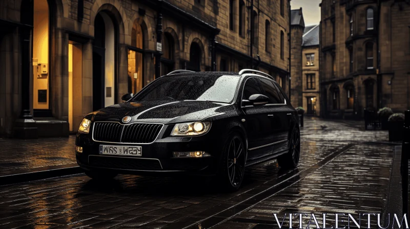 Black Skoda Car on Wet Street: Gothic Dark and Moody AI Image