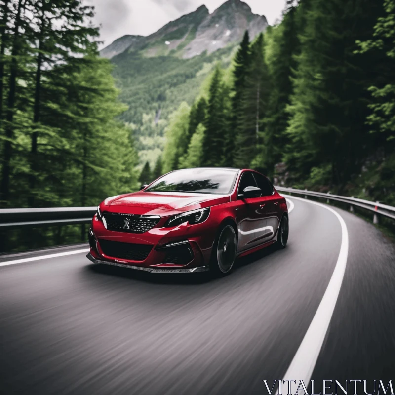 Red Car Driving Through Forest | Serene Naturalistic Settings AI Image