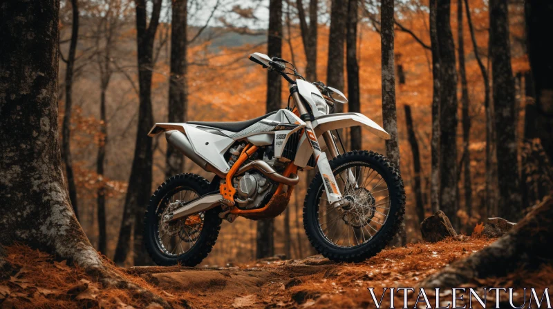 White Dirt Bike in Forest: Industrial Machinery Aesthetics AI Image