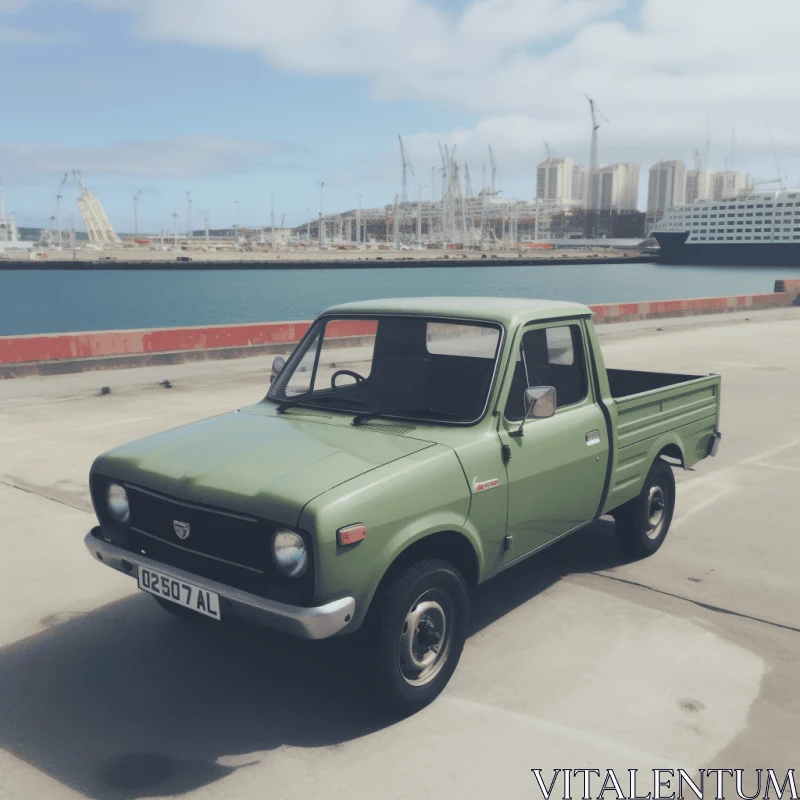 Green Truck by the Harbor: A Retrocore Japanese Aesthetic AI Image