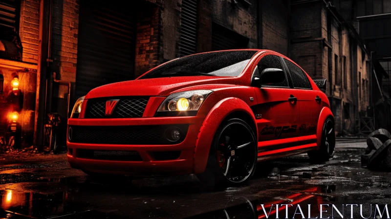 AI ART Red Vehicle Parked in Dark Urban Environment - Realistic and Hyper-Detailed Renderings