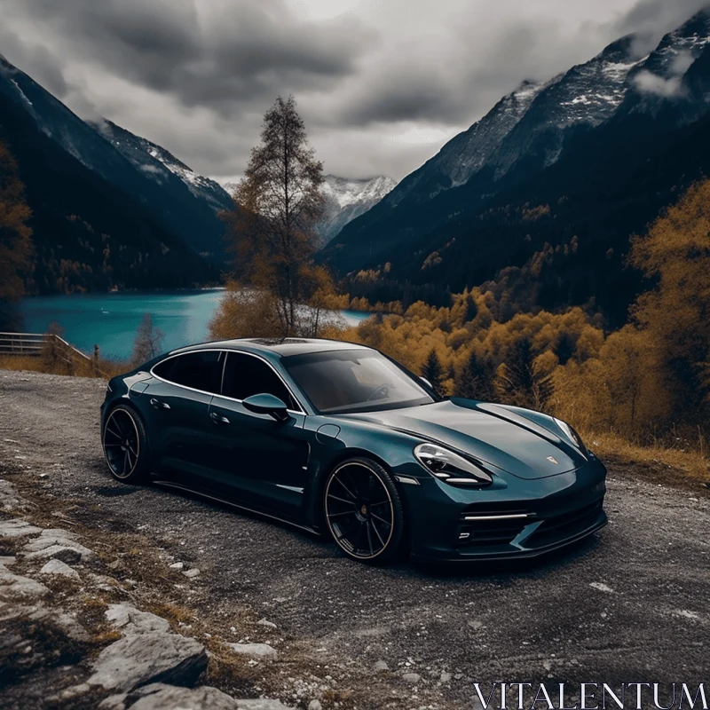 Blue Porsche Panamera Parked Next to a Serene Lake | Epic Portraiture AI Image