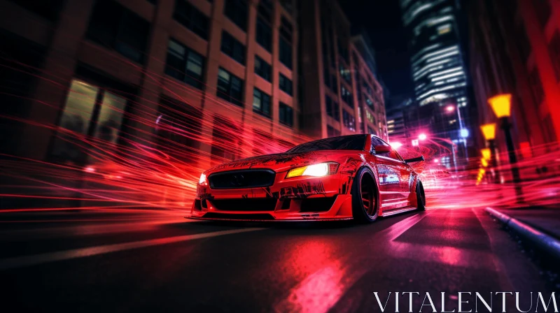 Hyper-realistic Red Car Moving in the Street at Night AI Image