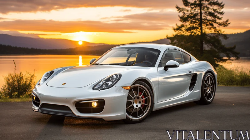 White Porsche GTS Car Parked in Front of a Serene Lake AI Image