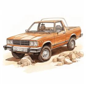 Vintage Pickup Truck Drawing in the Desert | 1980s Art