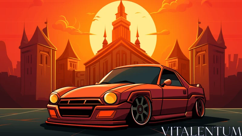 Vibrant Pop Art: Car in Sunset with Church - Neo-Classical and Hip Hop Aesthetics AI Image