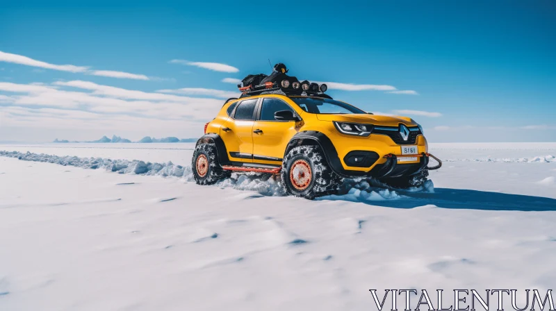 Yellow SUV Driving Through Snow on Ice | Adventure Themed AI Image