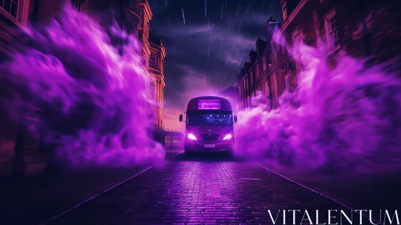 Purple Bus in Dark Street with Vibrant Fantasy Landscapes and Purple Smoke AI Image