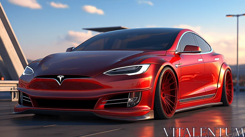 Red Tesla Model S: Realistic and Hyper-Detailed Rendering AI Image