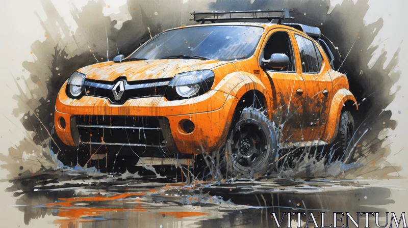 Captivating Orange Car in Water - Adventure Themed Digital Art AI Image
