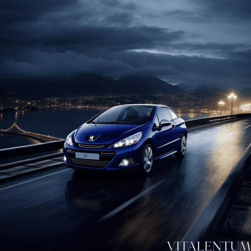 Blue Car Driving Down Road at Night - European Symbolism AI Image