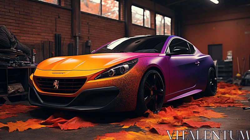 Sleek Metallic Car Parked on Colorful Leaves in a Garage AI Image