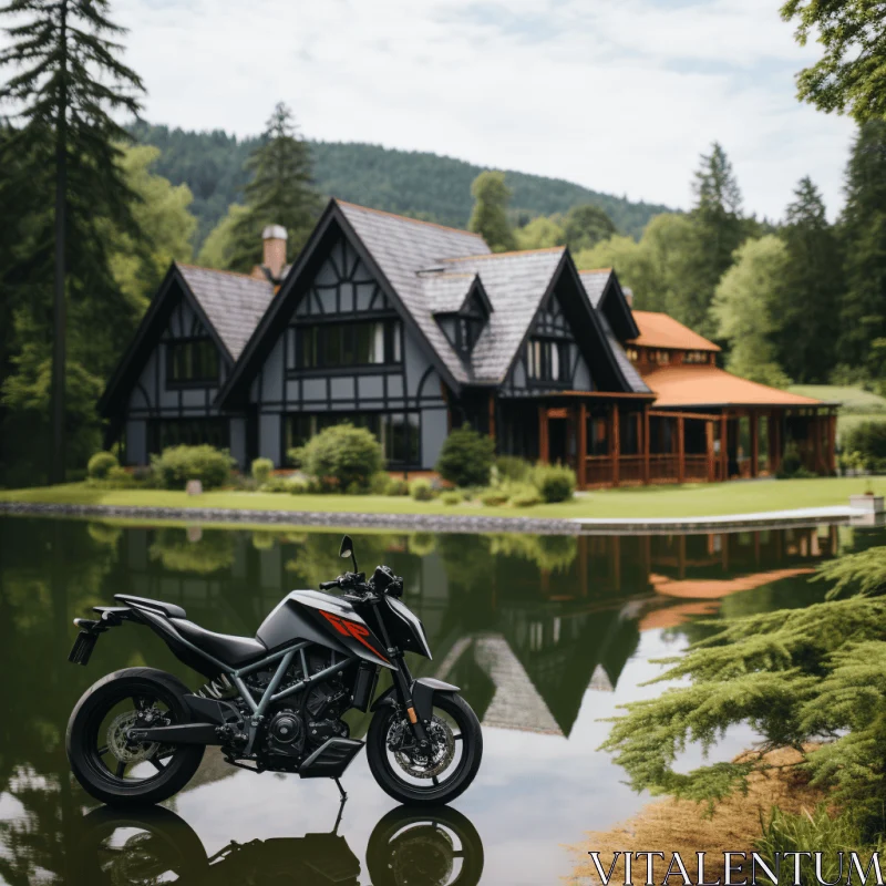Sleek Motorcycle Parked Near Tranquil Pond | Dynamic Outdoor Shot AI Image