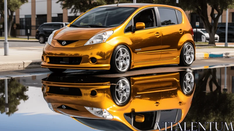 Golden Reflections: Captivating Yellow Car with Mirrored Chrome Reflections AI Image