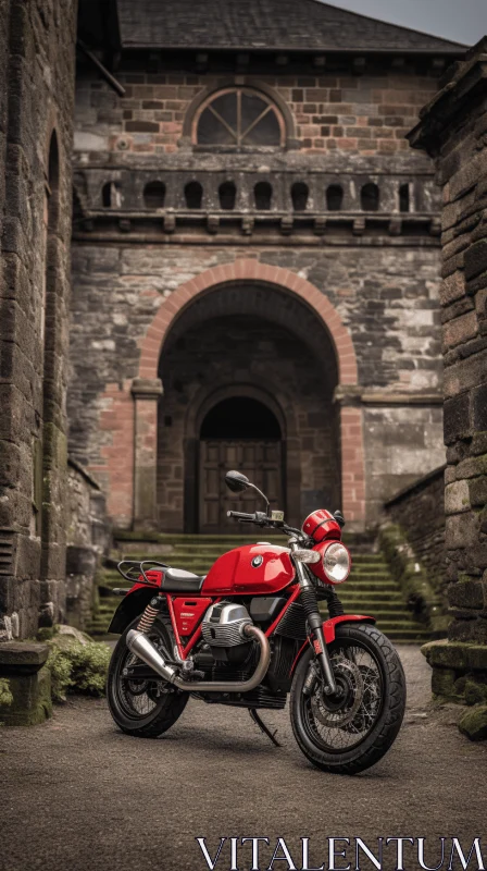 AI ART Red Motorcycle Parked in Front of Stone Building | Scanner Photography