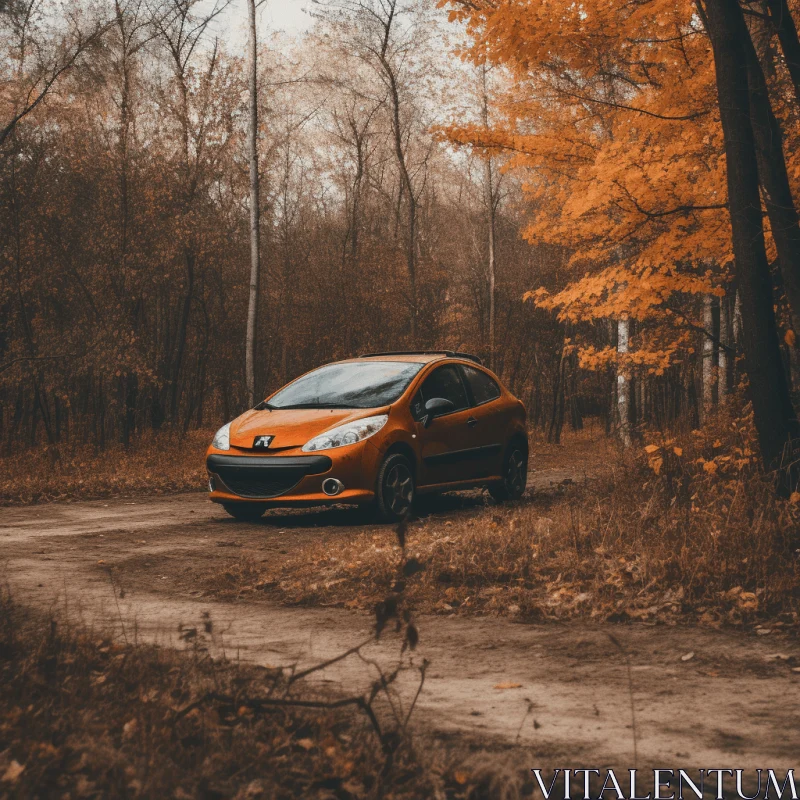 AI ART Vibrant Orange Car in Autumn Forest - Staged Photography
