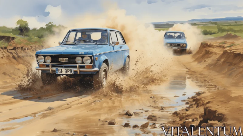 Vintage Blue Car Driving on a Dirt Road - Soviet Social Realism AI Image
