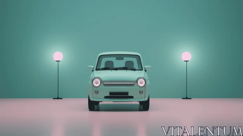 Abstract 3D Rendering of a Little Car in a Green Room | Pastel Hues AI Image