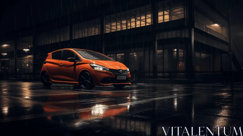 Small Orange Car in Rainy Street: Serene and Zen-Inspired AI Image