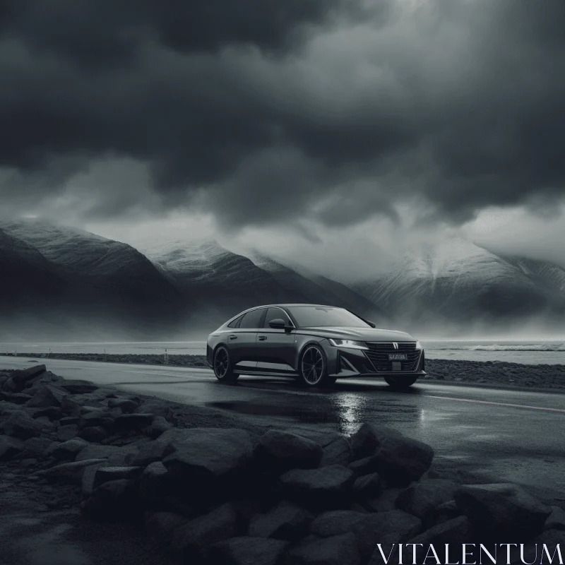 Black and White Audi Sports Car at Dusk on a Dark Cliff AI Image