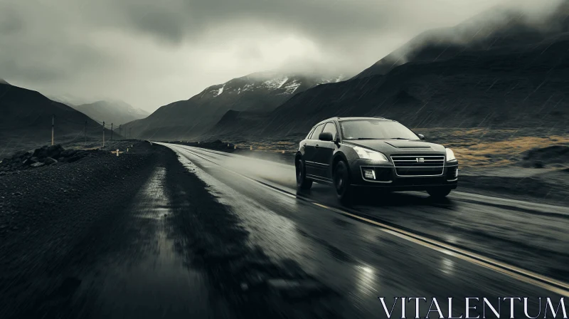 Black SUV on Wet Road in Iceland: A Captivating Fusion of Matte Painting and Japanese Photography AI Image