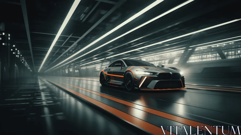 Futuristic Racing Car Driving Through Indoor Tunnel | Gray and Orange AI Image