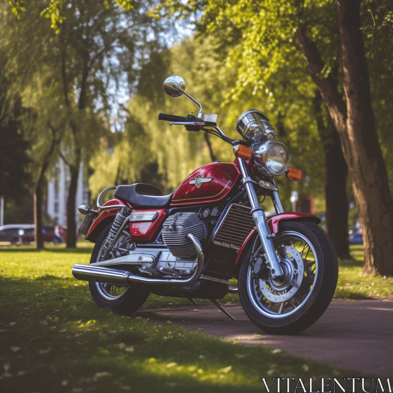 Vintage Red Motorcycle Parked in a Park | Visual Harmony AI Image