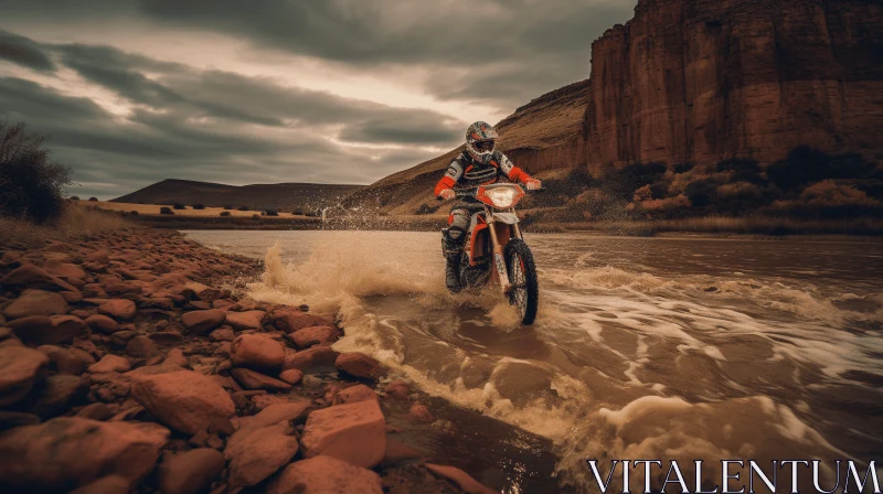 Motorcycle Riding Through Water in Rocky Desert | Cinematic Lighting AI Image