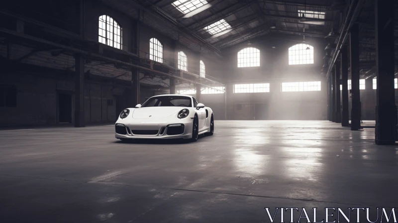 White Porsche Car in Warehouse: Captivating Portraits with Soft Lighting AI Image