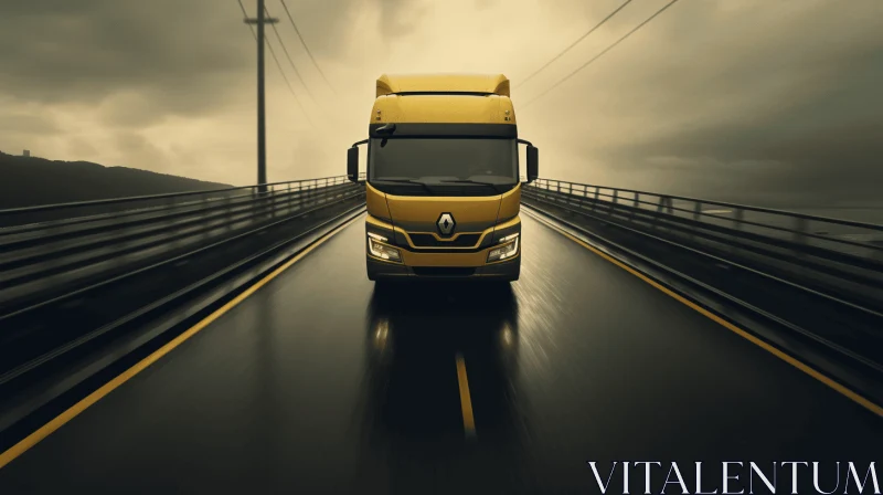 Yellow Truck on Bridge - Realistic Rendering | Dark Gray & Light Amber AI Image