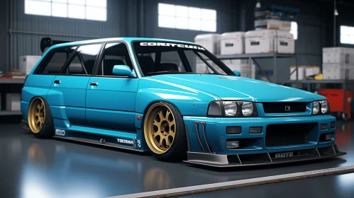 Captivating Blue Car with Gold Wheels | Japanese-Inspired | Vaporwave