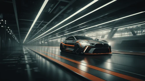 Futuristic Racing Car Driving Through Indoor Tunnel | Gray and Orange