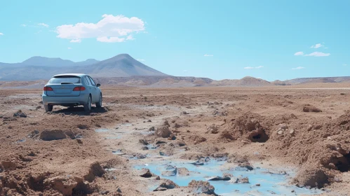 Blue Car Driving Through Mud on Green Grass in Desert and Rocky Mountains