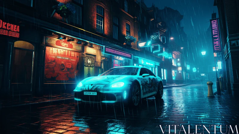 Hyper-Realistic Cyberpunk Car Art on Rainy Night | Neon Lights AI Image