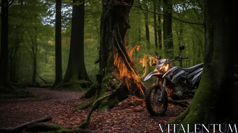 Enchanting Forest: A Captivating Scene with a Parked Dirt Bike AI Image