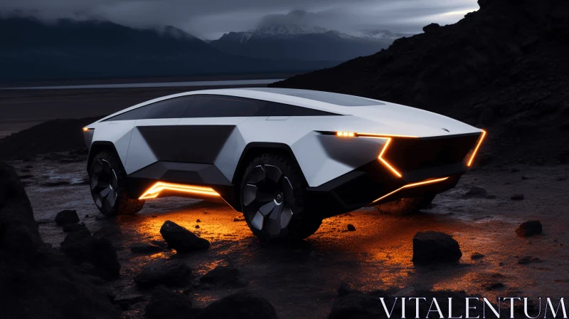 Luxurious Futuristic Vehicle Standing on Rocks at Night AI Image