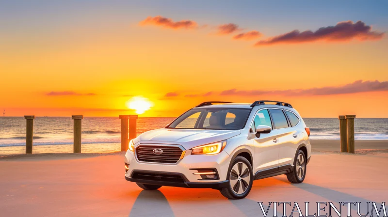 Stunning Sunset with White Subaru SUV on Beach AI Image