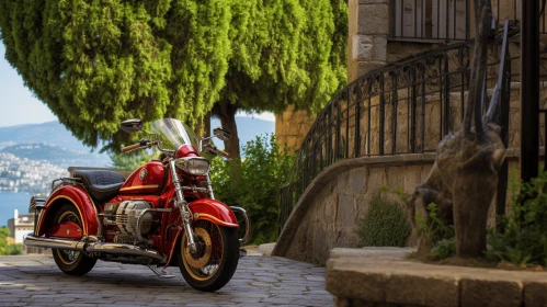 Charming Red Motorcycle Parked Next to a Brick Wall - Neogeo Style