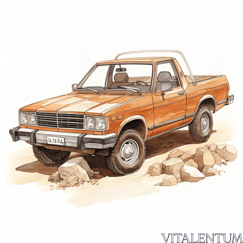 Vintage Pickup Truck Drawing in the Desert | 1980s Art AI Image