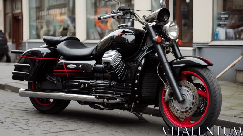 Black and Red Motorcycle Parked in Sidewalk - Ultra Detailed and Rounded AI Image