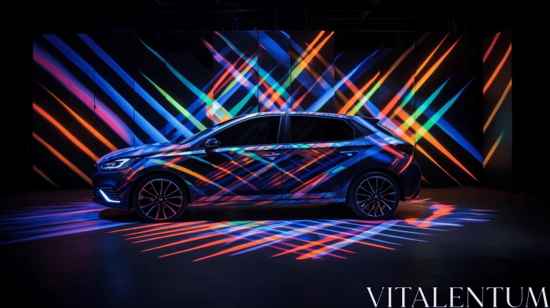 Colorful Lights Illuminate a Car in a Rhythmic Artwork AI Image