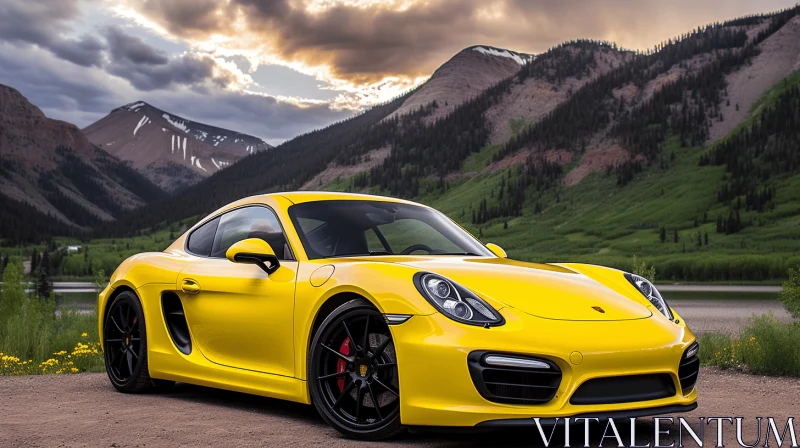 Yellow Porsche Sports Car in Front of Majestic Mountains AI Image