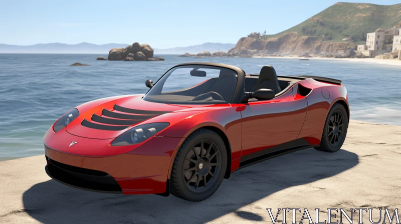 Red Sports Car on Beach: Realistic Hyper-Detailed Rendering AI Image