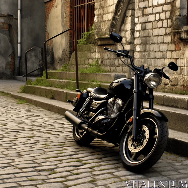 Black Motorcycle on Cobblestone Roadway - Industrial Influence AI Image