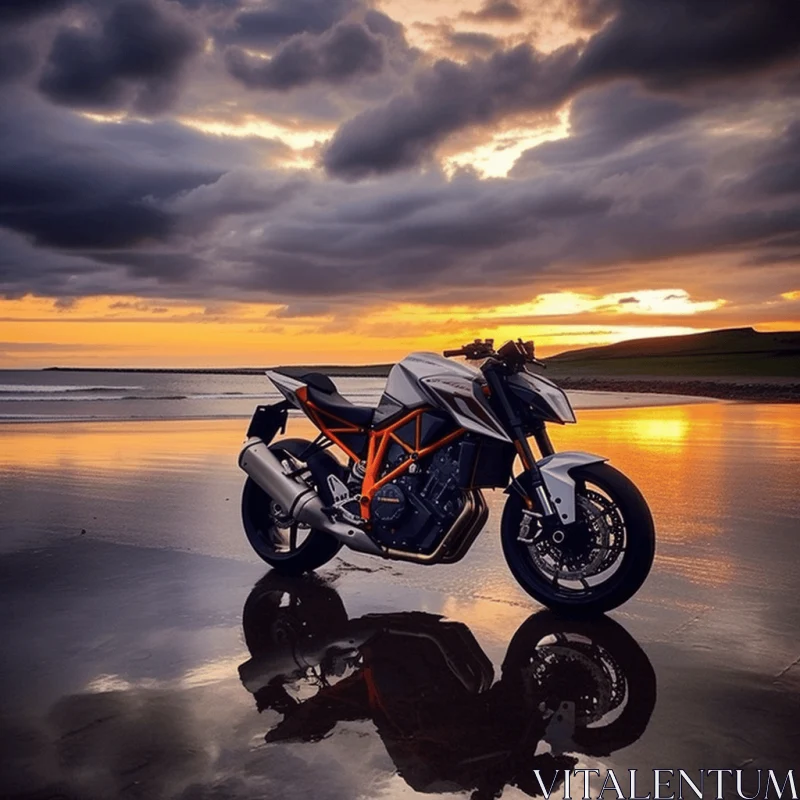 Captivating Sunset Scene: Motorcycle Parked on Beach AI Image