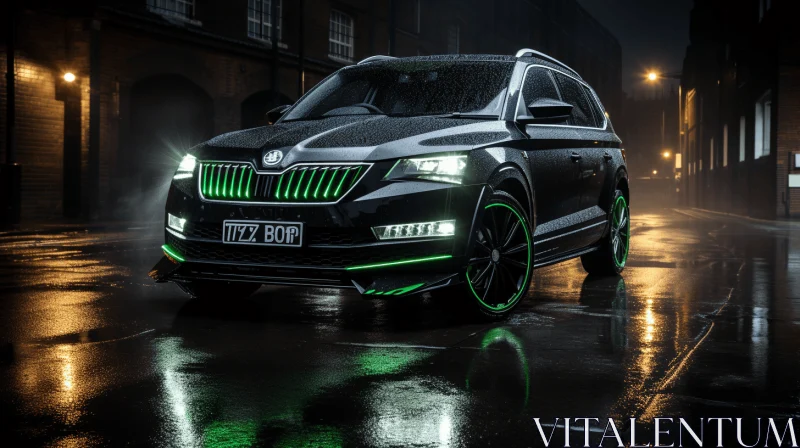 Neon-Lit Skoda SUV on Wet Road | Meticulously Rendered AI Image