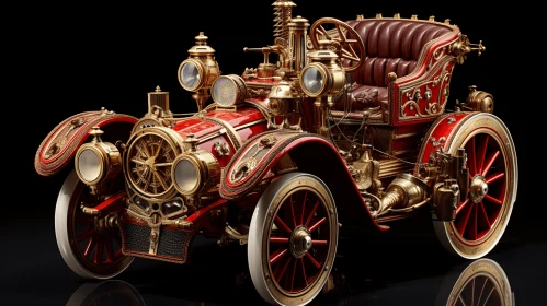 Antique Car Sculpture: Hyperrealistic Red and Gold Design